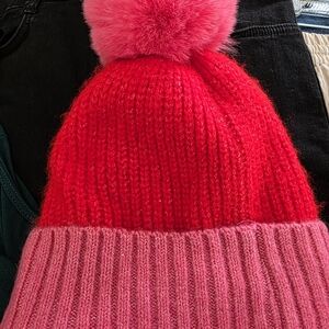 Kids Red and Pink Pom-Pom Beanie